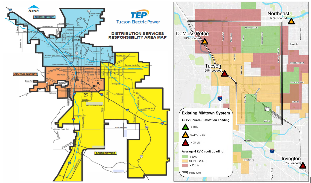 TEP Service Area Map and Midtown Reliability Project Study Area Map.
